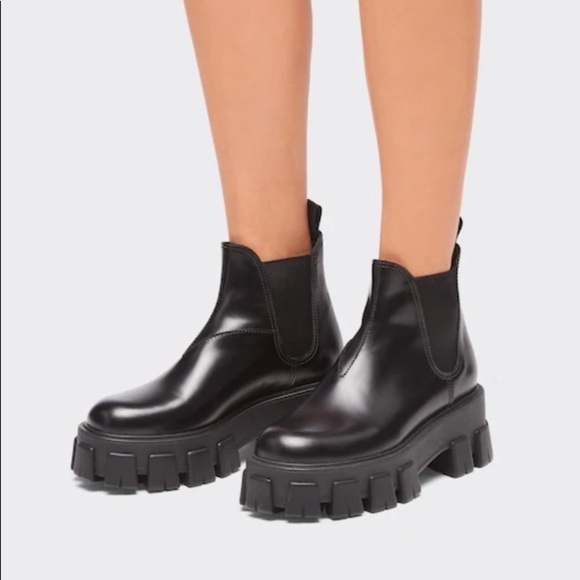 PRADA Monolith Leather Lug-Sole Chelsea Booties - Picture 1 of 13